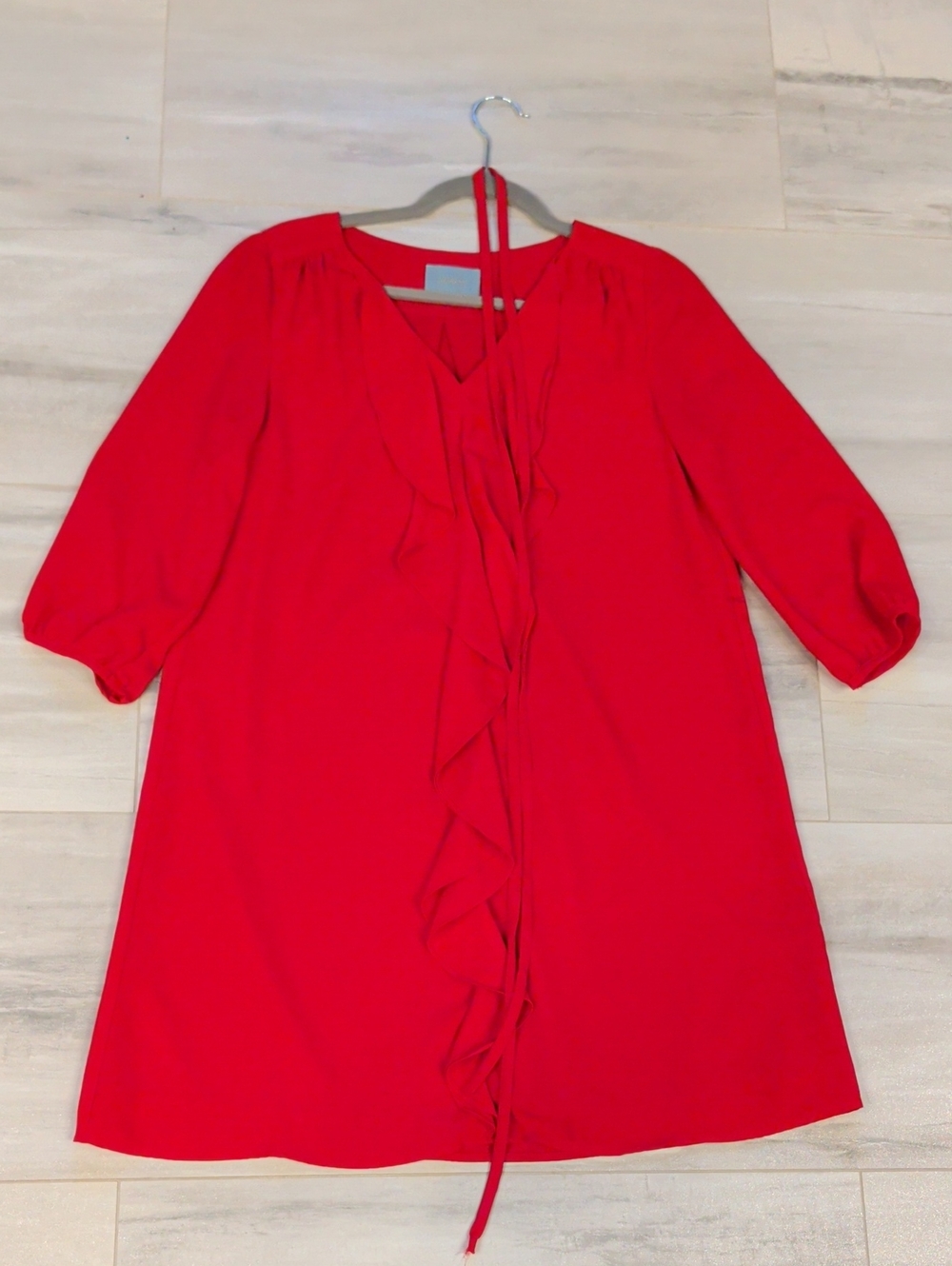 Skies Are Blue Red Ruffle-Front Long Sleeve Shift Dress Tie Waist